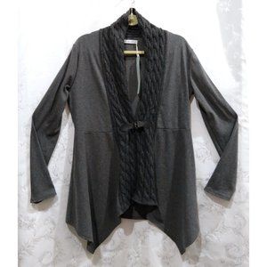 Drape Front Belted Knit Cardigan L Cable Knit Lapels Sharkbite Handkerchief Hem
